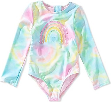 Breaking Waves Little Girls Long Sleeve Tie-Dye Rainbow-Motif One-Piece Swimsuit