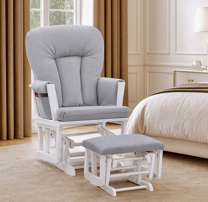 Suite Bebe Contempo Wooden Glider And Ottoman White Wood and Dove Gray Fabric