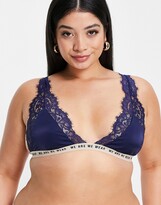 Thumbnail for your product : We Are We Wear Curve lace trim satin triangle bralet with logo underband in navy