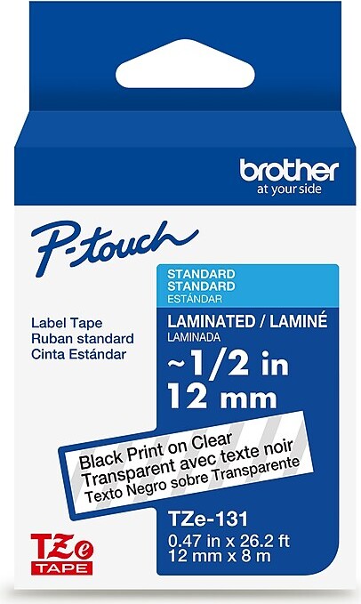 Brother P-touch Laminated Label Tape, 1/2" x 26.2', Black on Clear (TZe131)