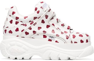 Buffalo David Bitton White And Red Heart Print Cyber Platform Leather Sneakers