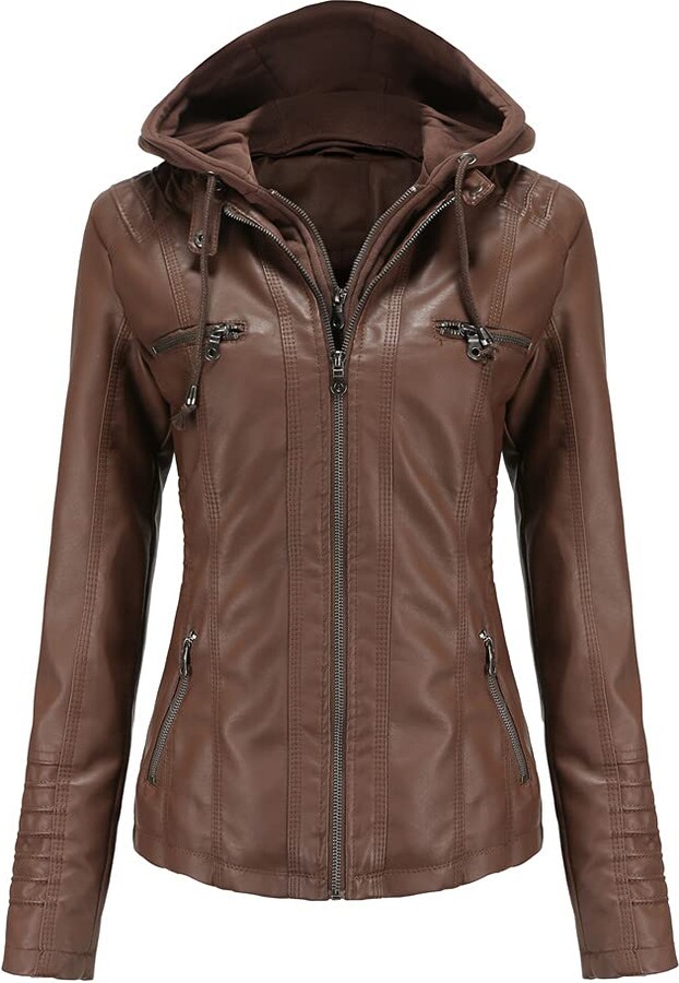 Egirl Women's Dark Brown Stylish Faux Leather Jacket Hooded Zipper