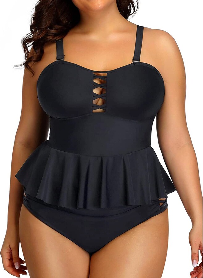 Yonique Plus Size Swimsuits for Women Peplum Tankini Tops High Waisted  Tummy Control Two Piece Bathing Suits - black - 18 Plus - ShopStyle