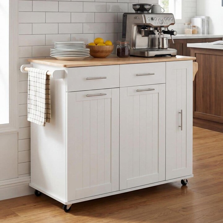 Ximuprmy White Wood 46 in. Kitchen Island with 3 Tier Pull Out Cabinet Organizer, Storage Rack and 2-Drawers for Kitchen Room