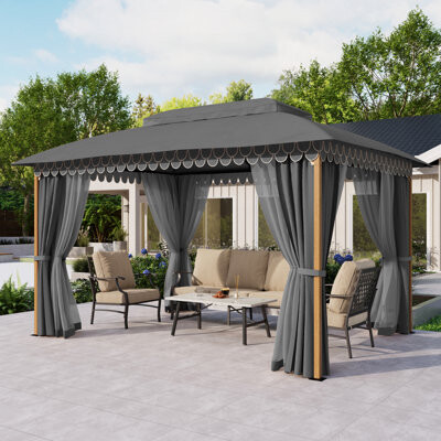 Alphamarts 10X13 Wavy Design Garden Canopy With Wood-Grain Steel Frame, Weather-Resistant Fabric & Anti-Mosquito Mesh For Outdoor Use