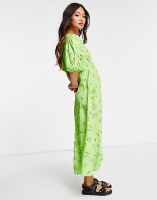Neon Rose midi tea dress with puff sleeves and split front in bright floral