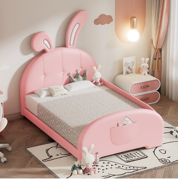 WhisenTwinSizeRabbit-ShapePrincessBedFrameUpholsteredPlatformBedwithHeadboardandFootboard-Pink