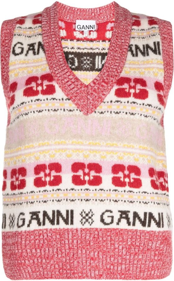 Ganni Logo-intarsia Cropped Chunky-knit Vest in Pink
