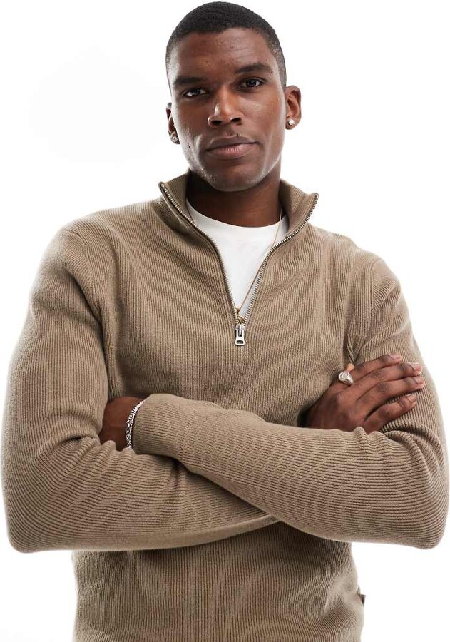 ONLY & SONS ribbed half zip sweater in light brown