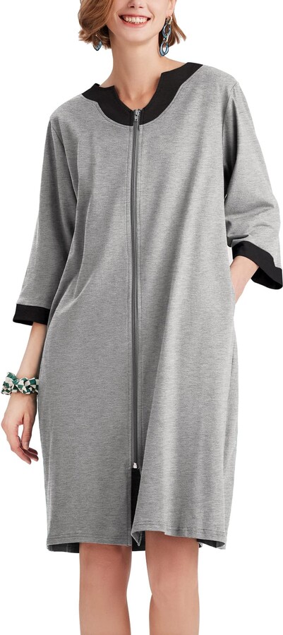 Ekouaer Women Zipper Robe 3/4 Sleeve Housecoat Lightweight Short