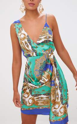 PrettyLittleThing Cobalt Satin Scarf Print Wrap Print Bodycon Dress
