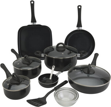 Basic Essentials 16-Piece Nonstick Aluminum Cookware Set with Mini Egg Pan, Black