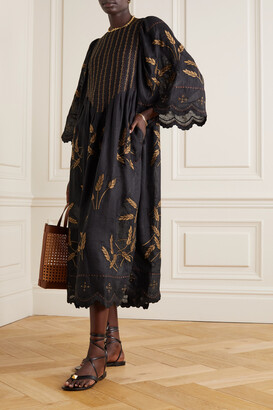 Vita Kin Loulou Embroidered Linen Midi Dress - Black - ShopStyle
