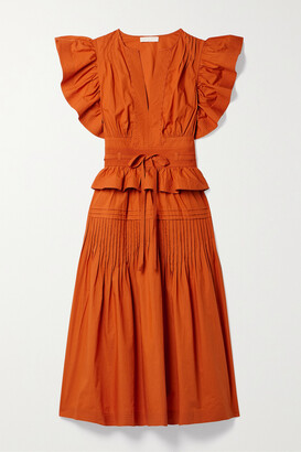 Ulla Johnson Florence Belted Ruffled Pintucked Cotton-poplin Midi Dress - Orange