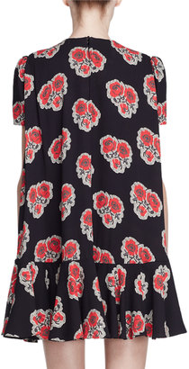 Alexander McQueen Short-Sleeve Poppy-Print Cape-Back Dress, Black/Red