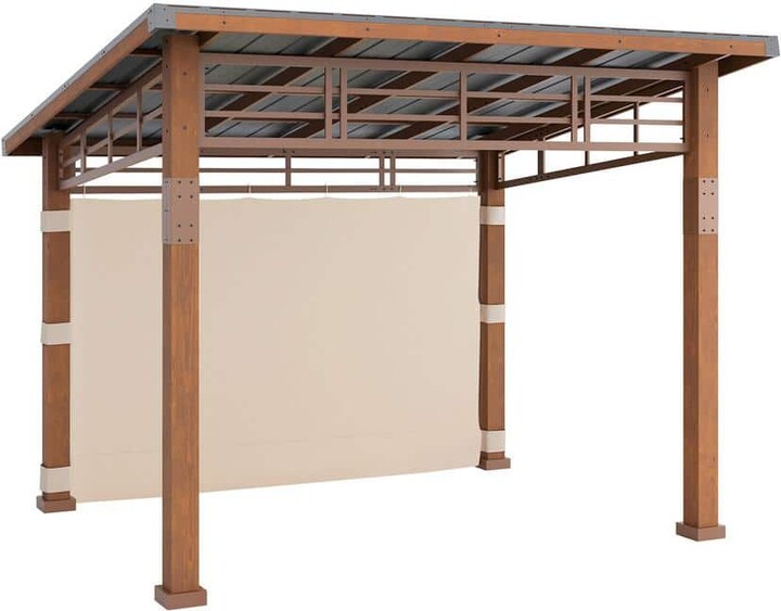 LUE BONA Chandler 12 ft. x 14 ft. Brown Cedar Wooden Gazebo Pavilion With Hard Top Iron Slope Roof Grill Gazebo Rot Resistant