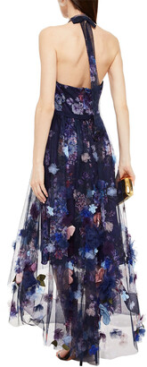 Marchesa Notte Floral-appliqued Gathered Floral-print Tulle Gown