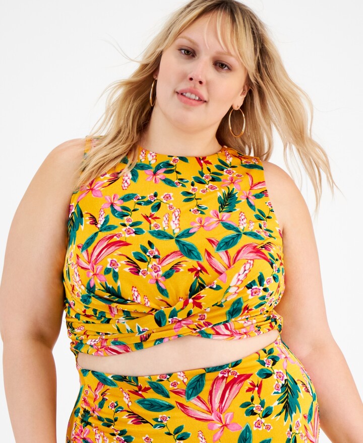 Bar III Plus Size Printed Crossover Cropped Tank, Created for Macy's