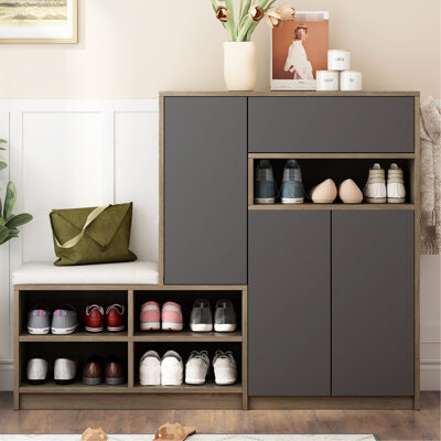 21 Shoe Cabinet & Seat, Adjustable Shelves, Grey, Holds 15-20 Pairs Of Shoes For Hallway Particle Board Cabinet, Dark With Shelves And A Cushioned Ben