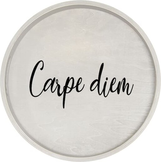 Elegant Designs 13.8" Round Carpe Diem Serving Tray with Handles in Gray Wash