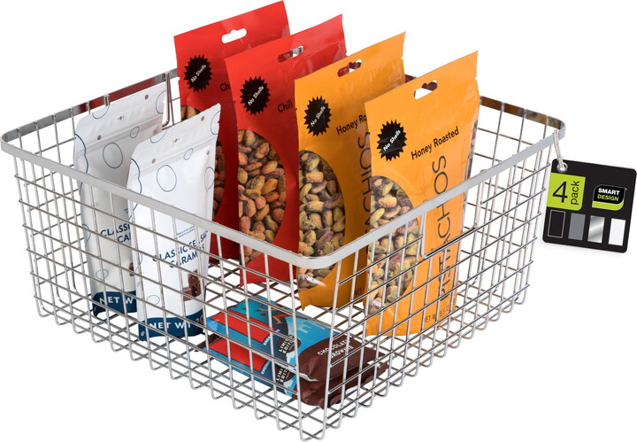 Smart Design Nestable Basket Organizer with Handles - 12 x 12 x 6 inches - Chrome - Set of 4