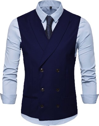 HSLS Mens Slim Fit Double Breasted Suit Vest Sleeveless Business Dress Waistcoat