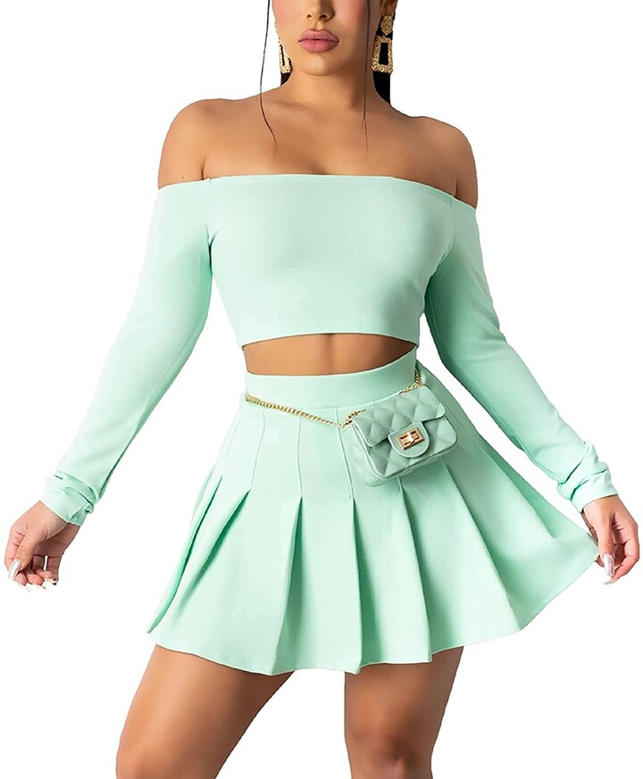 Generic 2 Piece Skater Skirt Sets for Women Long Sleeve Off Shoulder Crop  Top and Pleated Short Skirt (Light Green Medium M) - ShopStyle