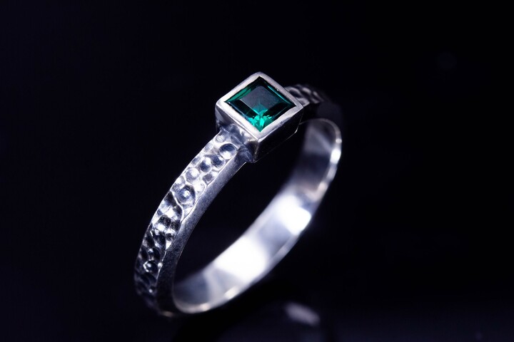 Etsy Hammered Sterling Silver Ring Artisan Emerald Promise Ring