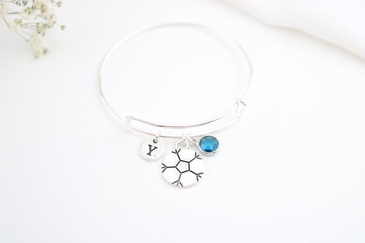 Soccer Charm Bangle Personalized Football Bracelet, Adjustable Wire