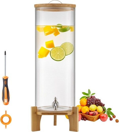 VEVORBeverageDispenser3.5GallonDrinkDispensersforPartiesGlassJuiceDispenserwithWoodStandStainlessSteelSpigotClear