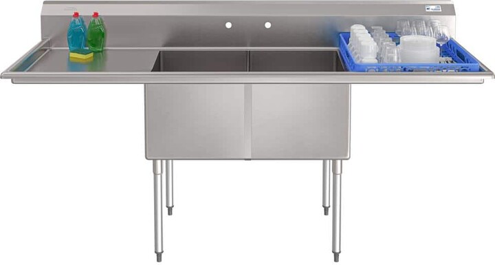 Koolmore 84 in. 18-Gauge 2-Compartment Commercial Sink with Backsplash and 24 in. Dual Drainboards in Stainless-Steel.