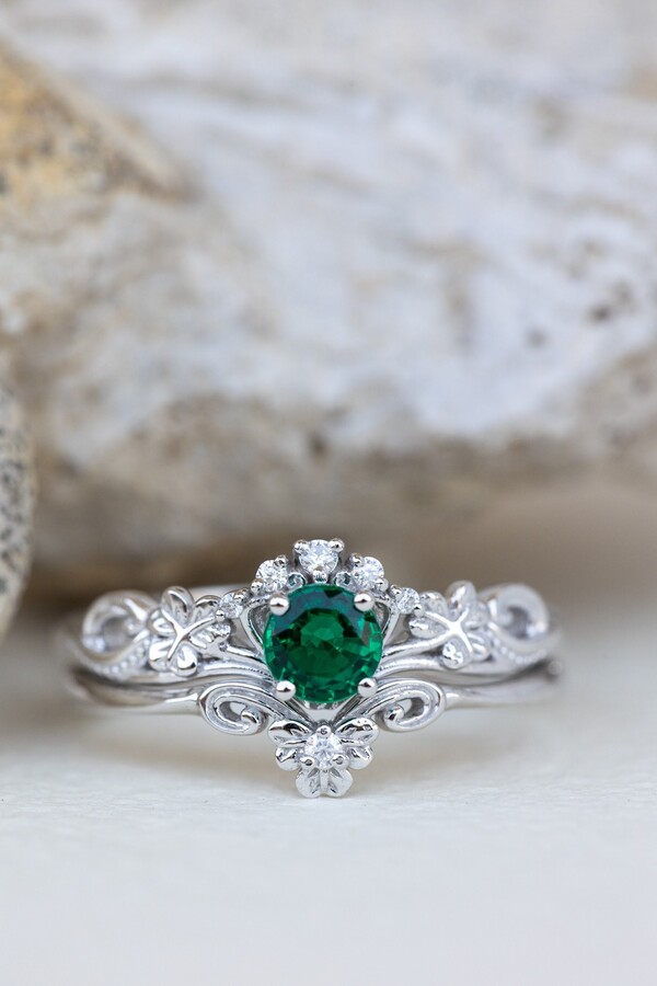 Etsy Clover Leaf Emerald Engagement Ring Set Celtic Bridal Jewelry