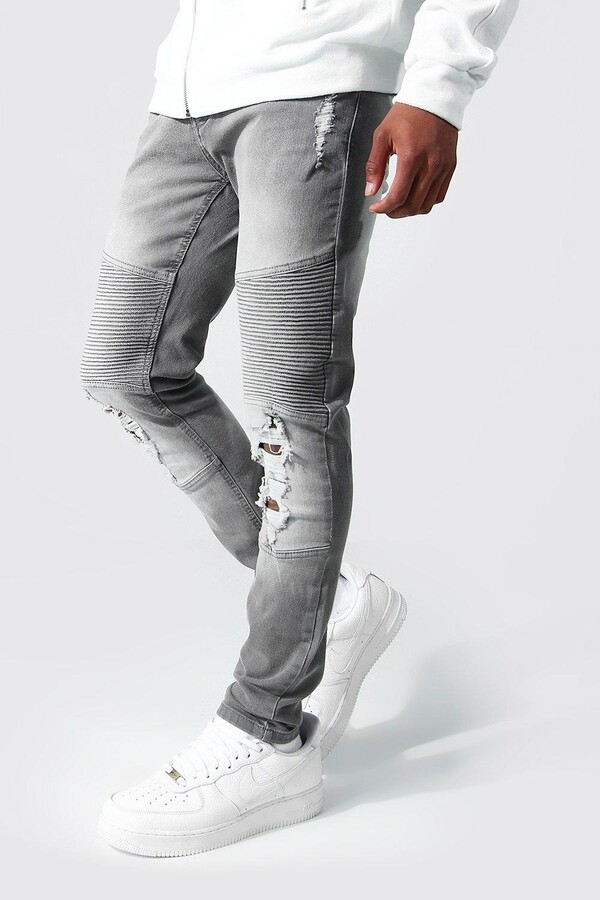 boohoo Mens Grey Skinny Stretch Zip Pocket Biker Jeans - ShopStyle