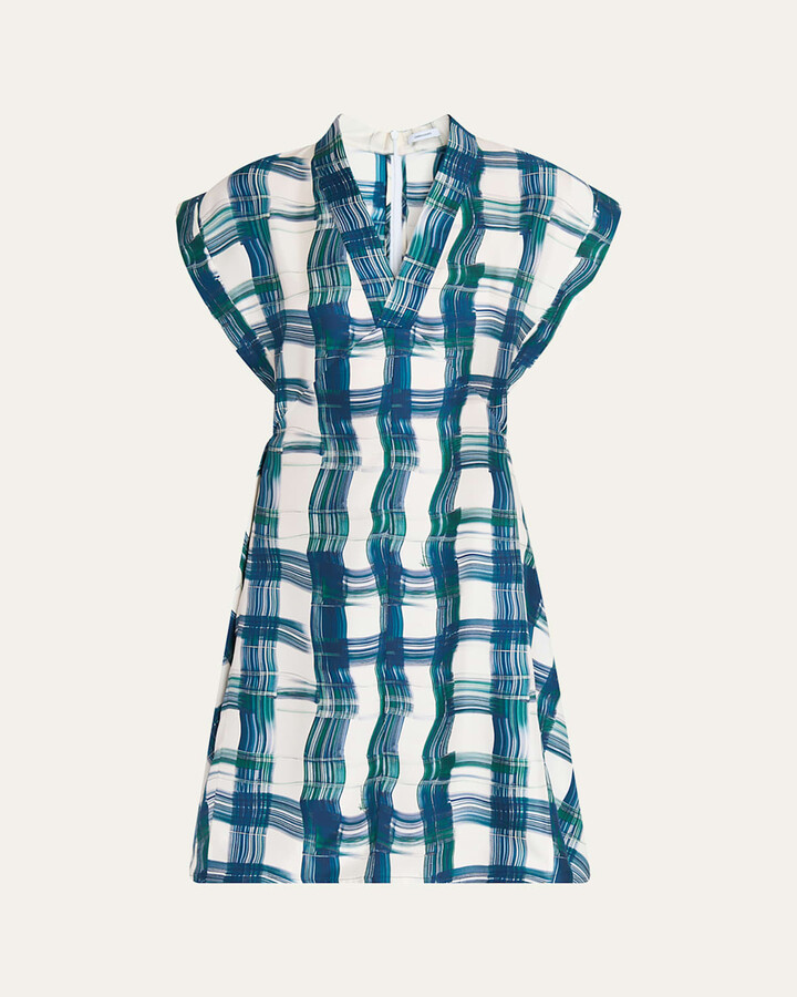 Ferragamo Brushstroke Check Short Silk Dress