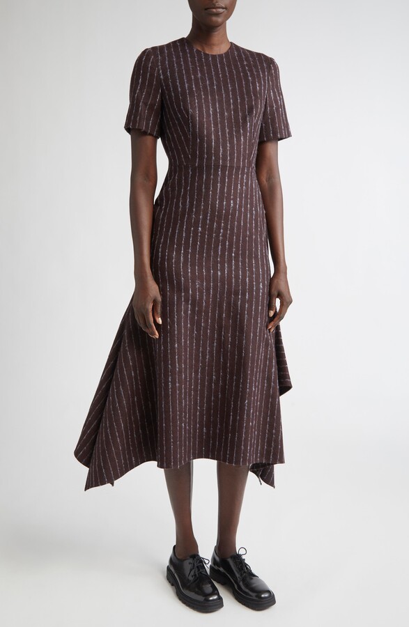 Erdem Pinstripe Short Sleeve Wool & Mohair Blend Midi Dress