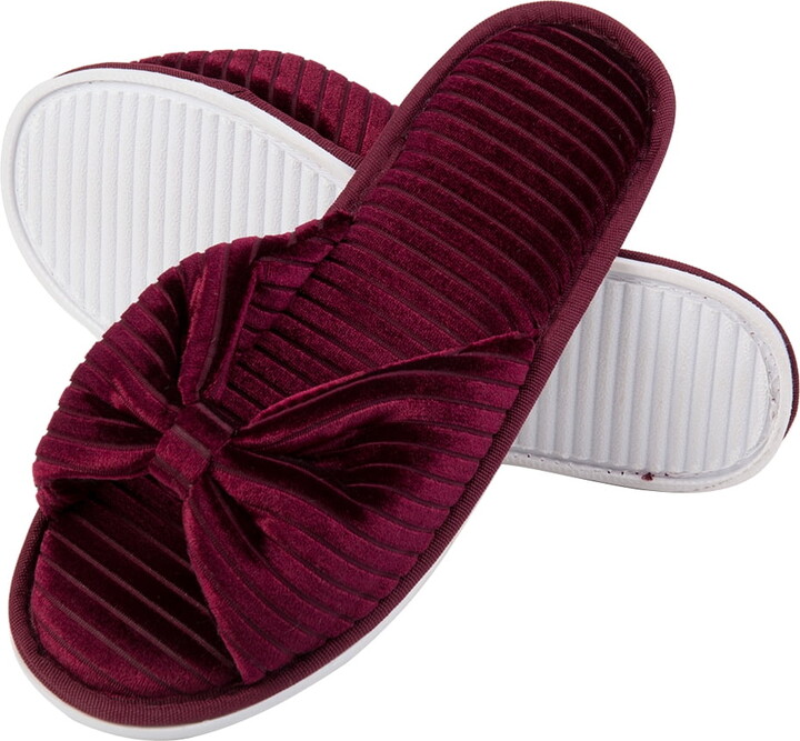 Wine Red Women’s Cozy Bowtie Flat Spa Slide Slippers Comfy Open Toe All Season Slip On House Shoes Sandals