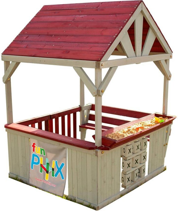 Funphix Hangout Hut, Kids Outdoor Wooden Playhouse with Sandbox and Tic Tac Toe