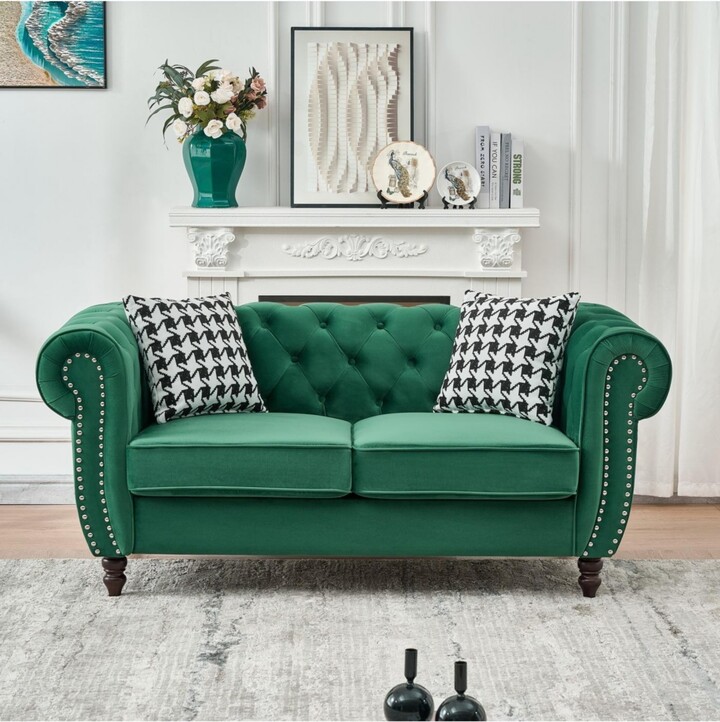 Streamdale Furniture Streamdale Chesterfield Velvet Sofa with Roll Armrest & Nailhead, Green