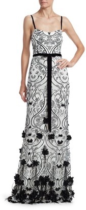 Marchesa Floral & Feather Applique Printed Gown