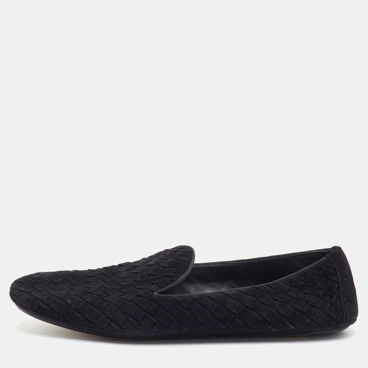 Bottega Veneta Fiandra Size 37 Black Intrecciato Suede Slip On Loafers
