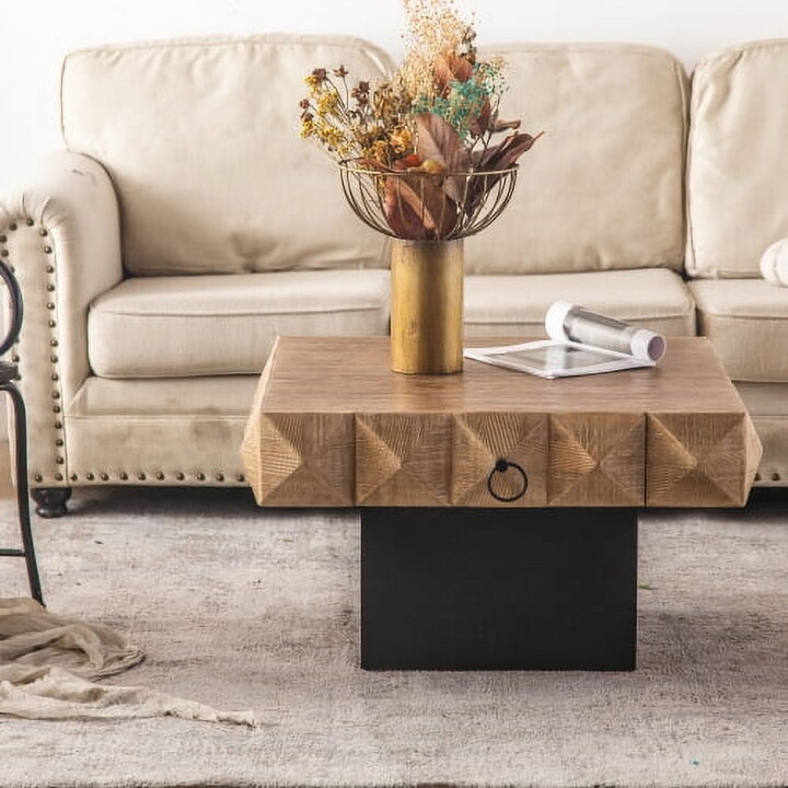 BSHTI 32.28"Three-dimensional Embossed Pattern Square Retro Coffee Table with 2 Drawers and MDF Base