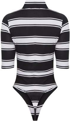 PrettyLittleThing Grey Stripe Short Sleeve Thong Bodysuit