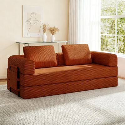 Latitude Run Orange Convertible Sleeper Sofa Bed With Cylindrical Pillow - Plush Soft Corduroy Upholstery Folding Memory Foam Mattress Couch Fixed-shape Sturdy F