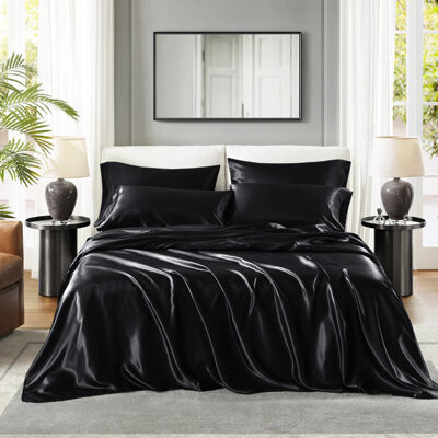 StoneStory Black 7 Pcs Split 100% Satin Luxury Sheet , Wrinkle , Gentle On Hair, - Pilling, , 1 Flat, 2 Fitted, 4 Pillowcases Smooth Surface, Reduces Frizz,
