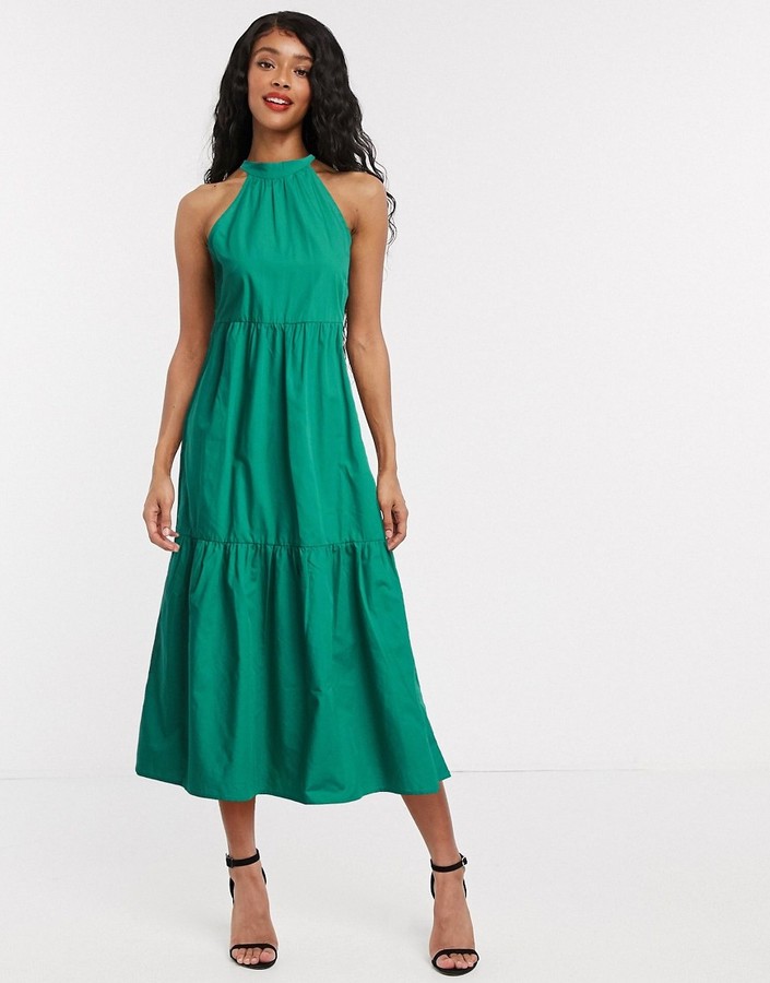 Vila tiered midi dress with halterneck in green - ShopStyle