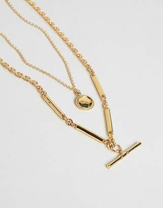 ASOS Design DESIGN Premium gold plated multirow necklace with etched disc and toggle