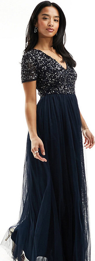 Maya Petite Bridesmaid short sleeve maxi tulle dress with tonal delicate  sequins in navy - ShopStyle