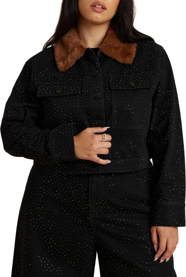 ELOQUII Women's Embellished Denim Jacket With Fur Collar