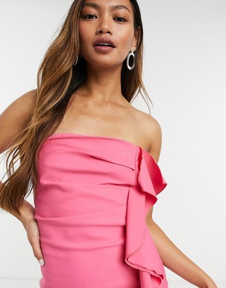 Vesper bandeau bodycon midi dress with frill detail in pink