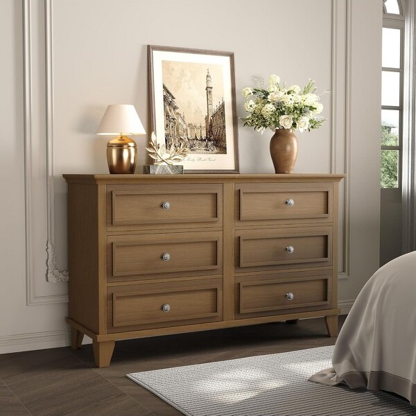 Garvee Brown6DrawerDresserforBedroomWideChestofDrawerswithVintageHandleModernWoodDresserWideCabinetforLivingRoom